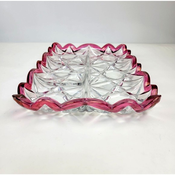 Vintage Tiffin Williamsburg Cranberry and Clear Pressed Glass 4 Part Relish Tray - Picture 5 of 12